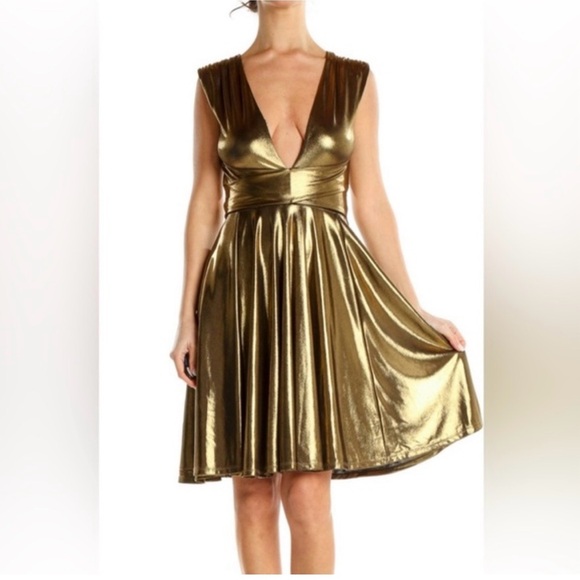 Halston Heritage Dresses & Skirts - HALSTON Gold Metallic Plunge Dress-LIKE NEW